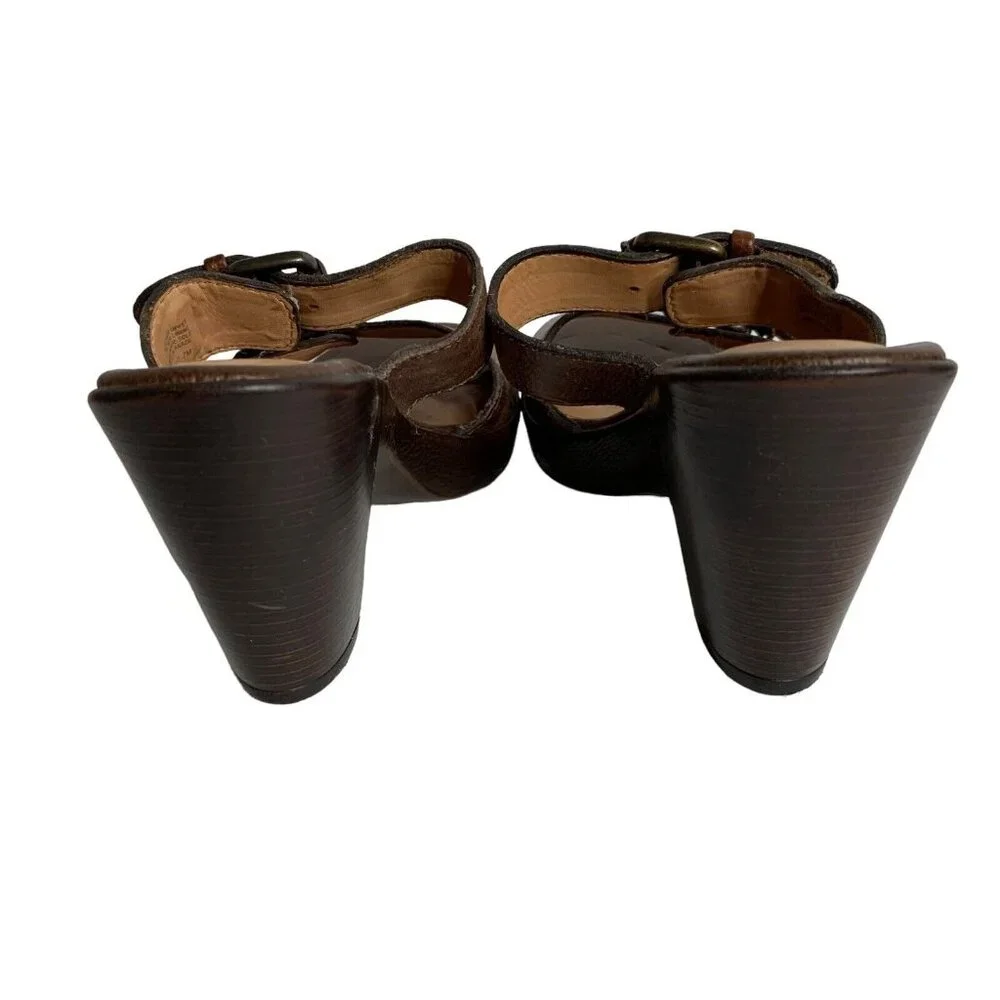 Nurture Piccolo Block Heel Sandals Size 7M Brown Leather Double Strap Slip On